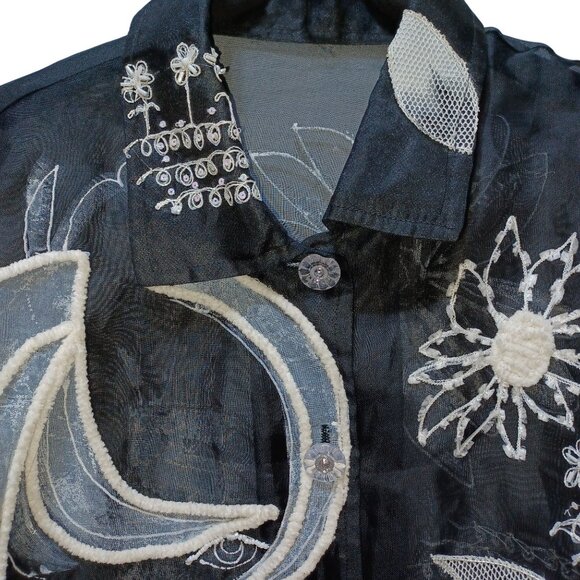 Sheer Black Embroidered Womens L Top Floral Art to Wear Boho Whimsigoth Indie - Picture 3 of 7